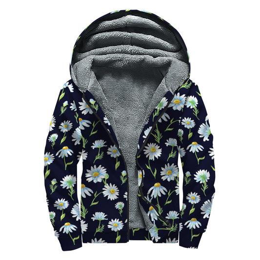 Watercolor Daisy Floral Pattern Sherpa Lined Zip Up Hoodie for Hippie Style - 1