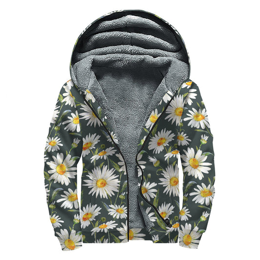 Watercolor Daisy Flower Pattern Sherpa Lined Zip Up Hoodie - 1