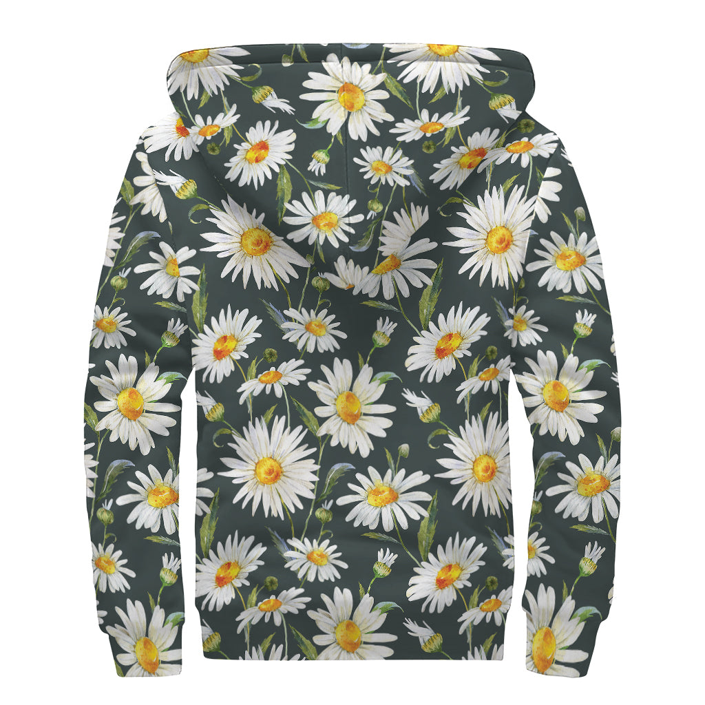 Watercolor Daisy Flower Pattern Sherpa Lined Zip Up Hoodie - 2