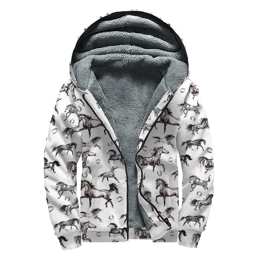 Watercolor Horse Pattern Print Hippies Sherpa Lined Zip Up Hoodie - 1