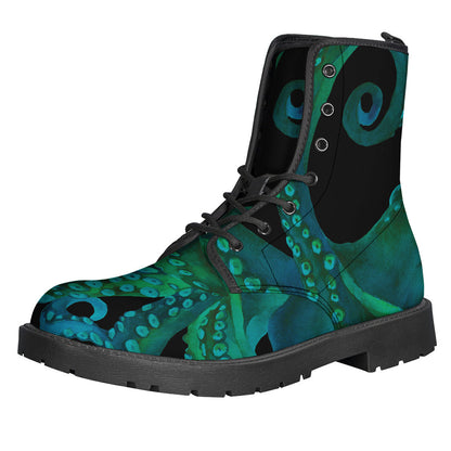 Watercolor Octopus Print Leather Hippie Boots - 1