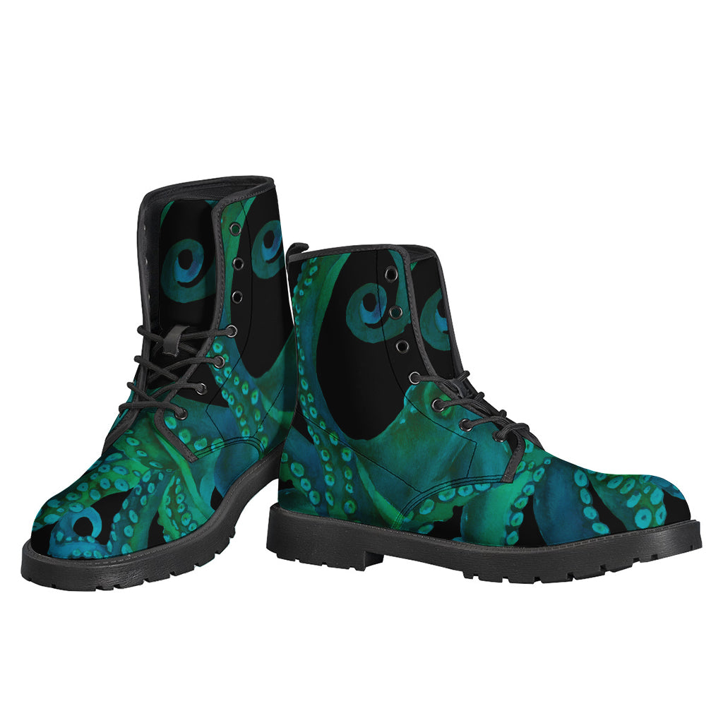 Watercolor Octopus Print Leather Hippie Boots - 3