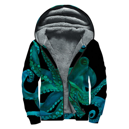 Watercolor Octopus Print Hippie Sherpa Lined Zip Up Hoodie - 1