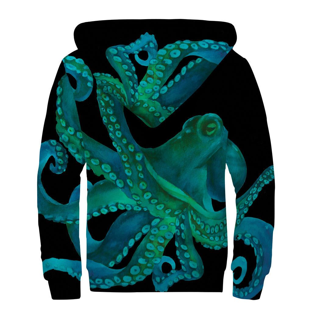 Watercolor Octopus Print Hippie Sherpa Lined Zip Up Hoodie - 2