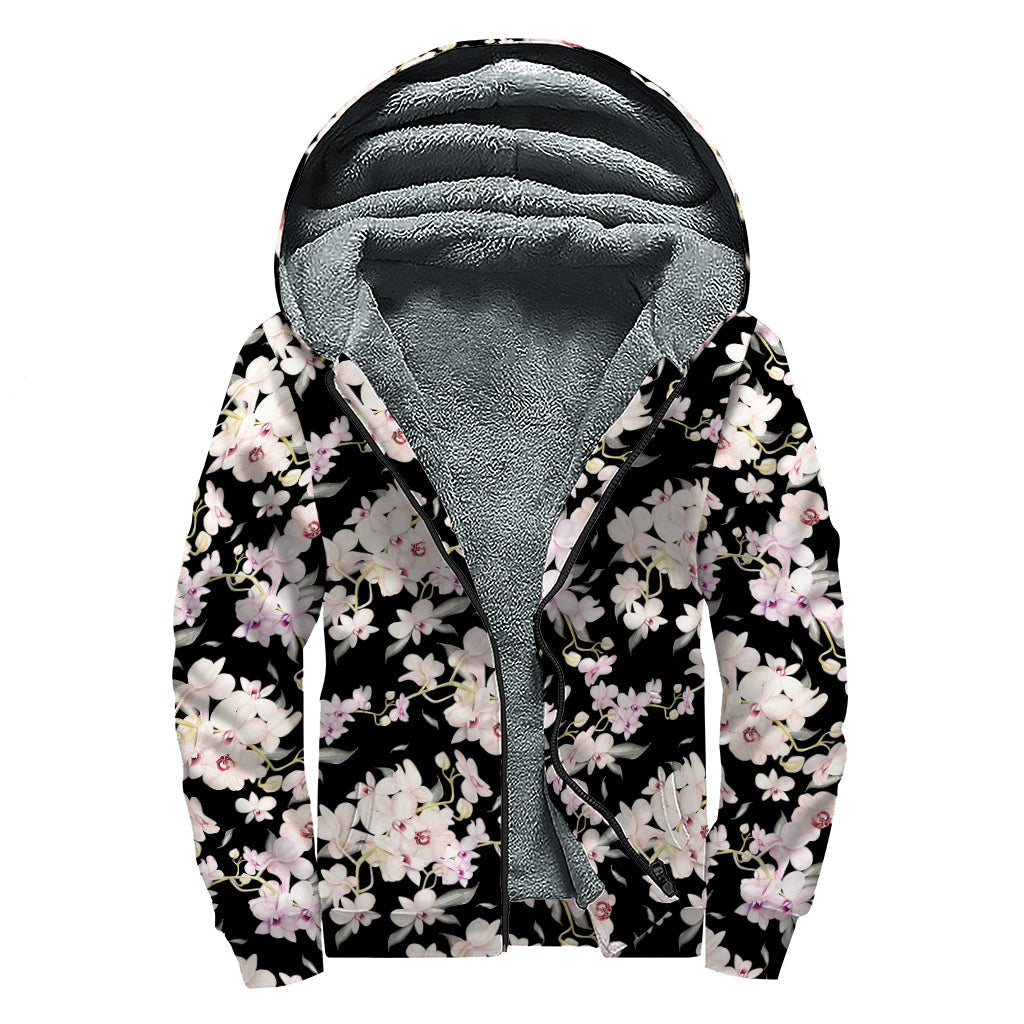 Watercolor Orchid Flower Pattern Print Sherpa Lined Zip Up Hoodie - Embrace Your Inner Hippie Style! - 1