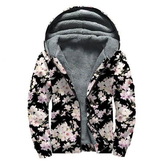 Watercolor Orchid Flower Pattern Print Sherpa Lined Zip Up Hoodie - Embrace Your Inner Hippie Style! - 1