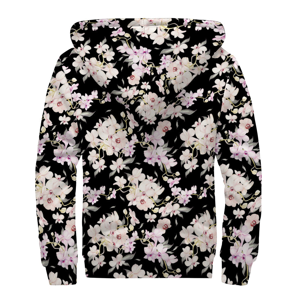 Watercolor Orchid Flower Pattern Print Sherpa Lined Zip Up Hoodie - Embrace Your Inner Hippie Style! - 2