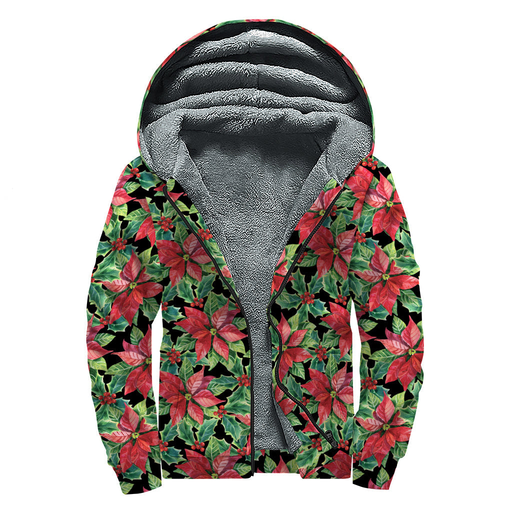 Watercolor Poinsettia Pattern Sherpa Lined Zip Up Hoodie for Stylish Hippies - 1