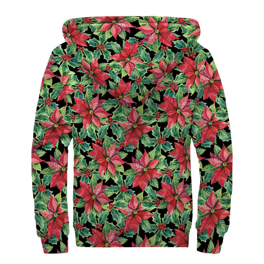 Watercolor Poinsettia Pattern Sherpa Lined Zip Up Hoodie for Stylish Hippies - 2