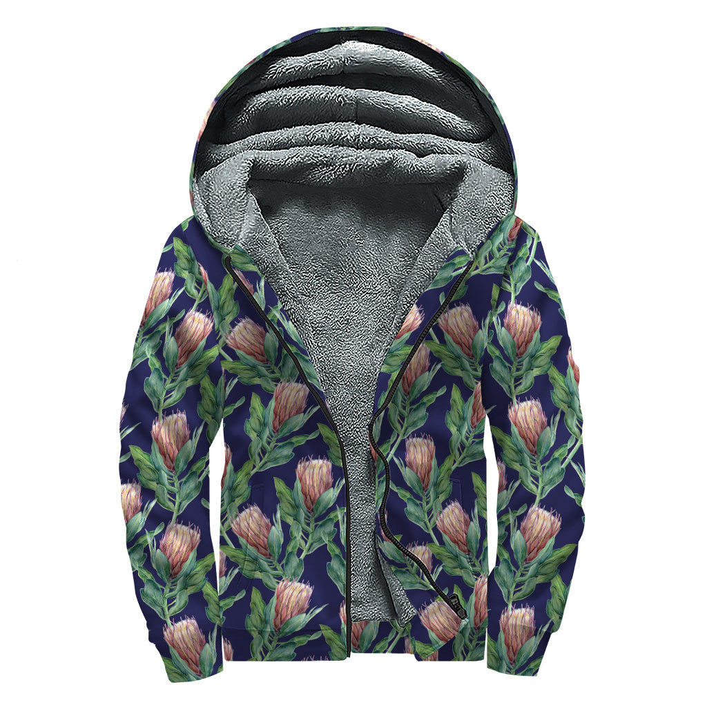 Watercolor Protea Pattern Print Sherpa Lined Zip Up Hoodie - Embrace Your Inner Hippie Style - 1