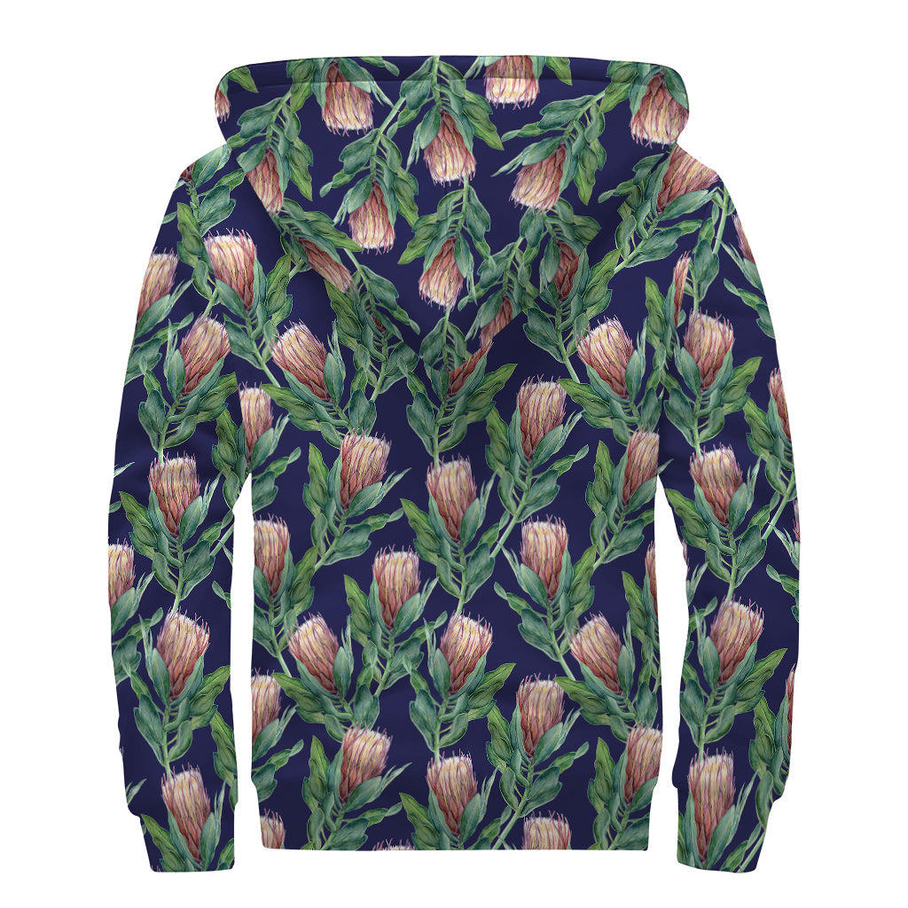 Watercolor Protea Pattern Print Sherpa Lined Zip Up Hoodie - Embrace Your Inner Hippie Style - 2