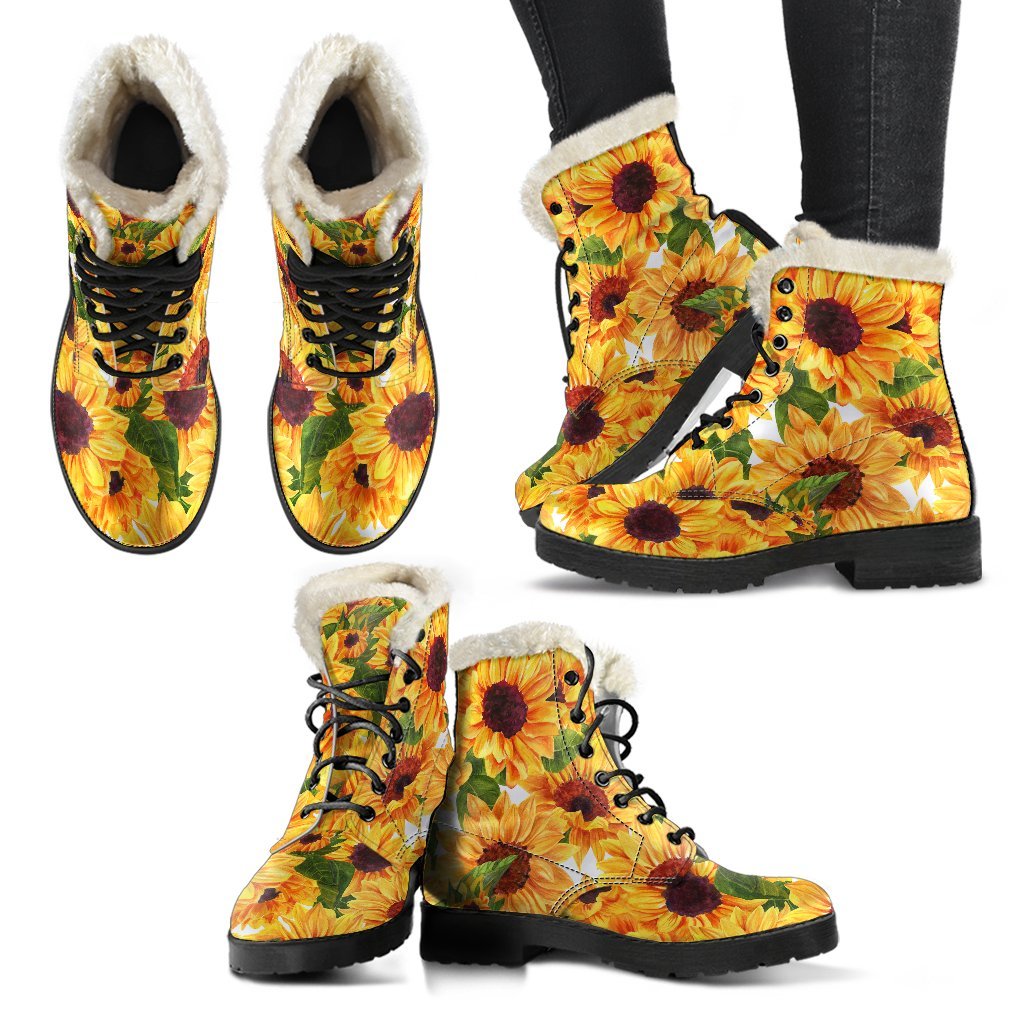 Watercolor Sunflower Faux Fur Leather Boots: Embrace Your Inner Hippie Style - 2