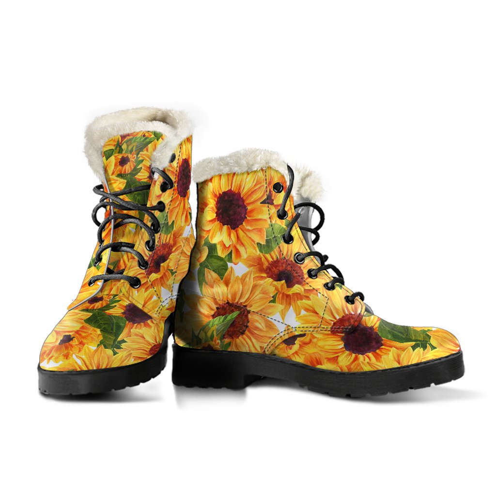 Watercolor Sunflower Faux Fur Leather Boots: Embrace Your Inner Hippie Style - 3