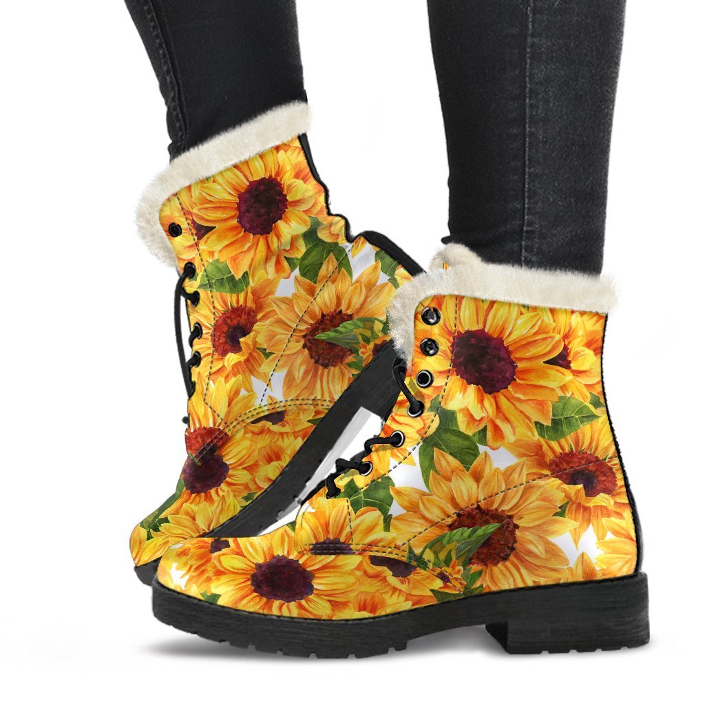 Watercolor Sunflower Faux Fur Leather Boots: Embrace Your Inner Hippie Style - 1