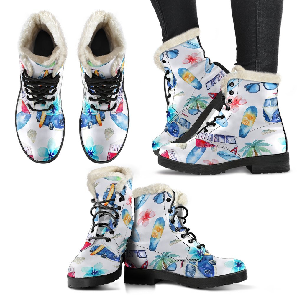 Watercolor Surfing Pattern Faux Fur Leather Boots: A Hippie's Dream - 2