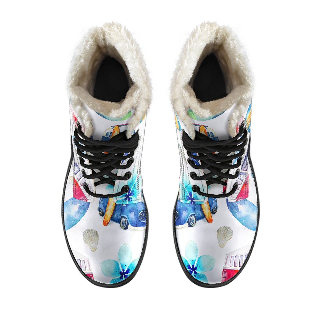 Watercolor Surfing Pattern Faux Fur Leather Boots: A Hippie's Dream - 4