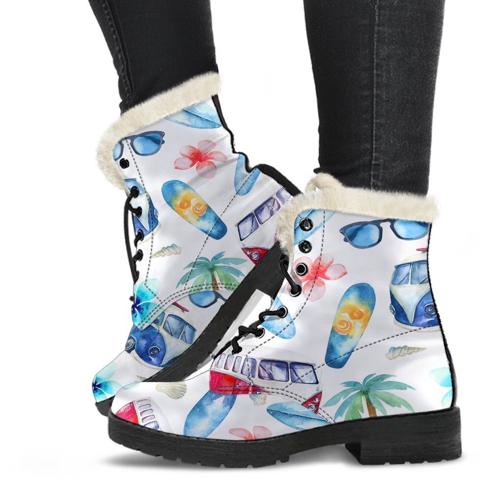 Watercolor Surfing Pattern Faux Fur Leather Boots: A Hippie's Dream - 1