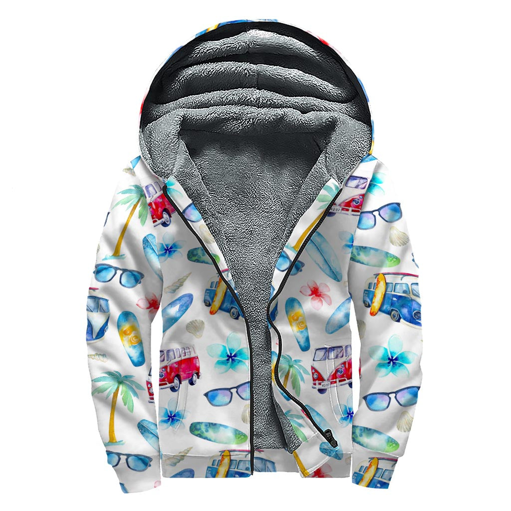 Watercolor Surfing Delight Sherpa Lined Zip Up Hoodie - 1