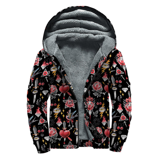 Watercolor Tattoo Print Sherpa Lined Hippie Hoodie - 1