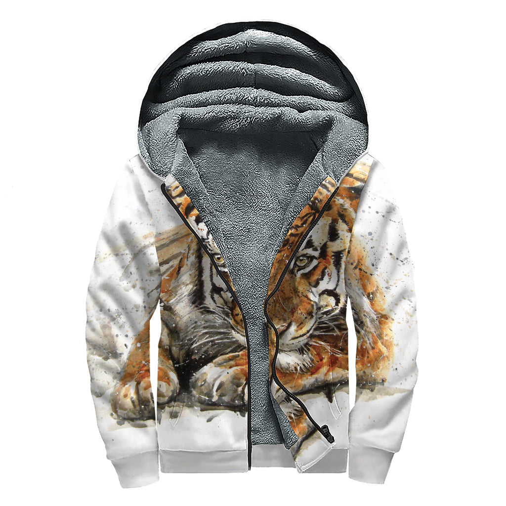 Watercolor Tiger Print Sherpa Lined Zip Up Hoodie: Embrace Your Inner Hippie Style - 1