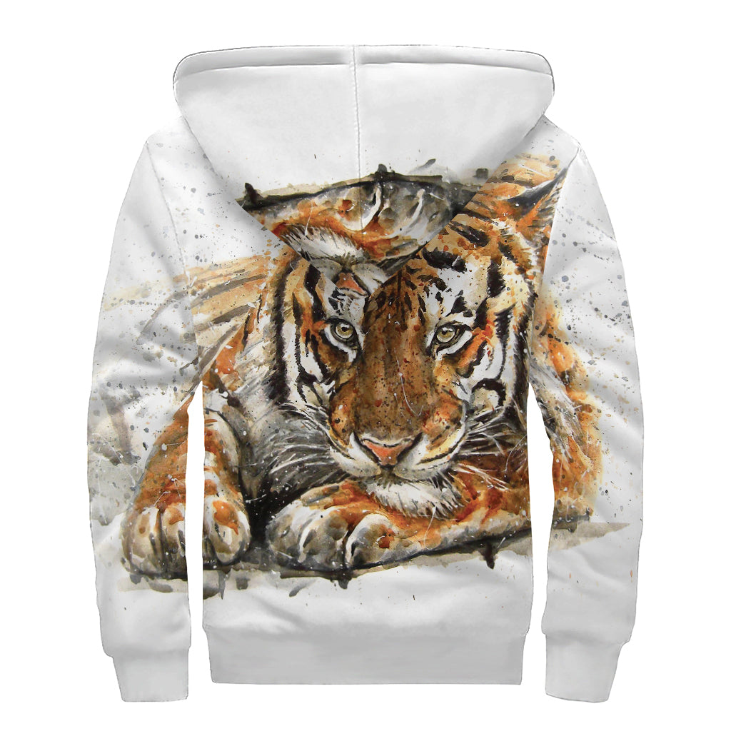 Watercolor Tiger Print Sherpa Lined Zip Up Hoodie: Embrace Your Inner Hippie Style - 2