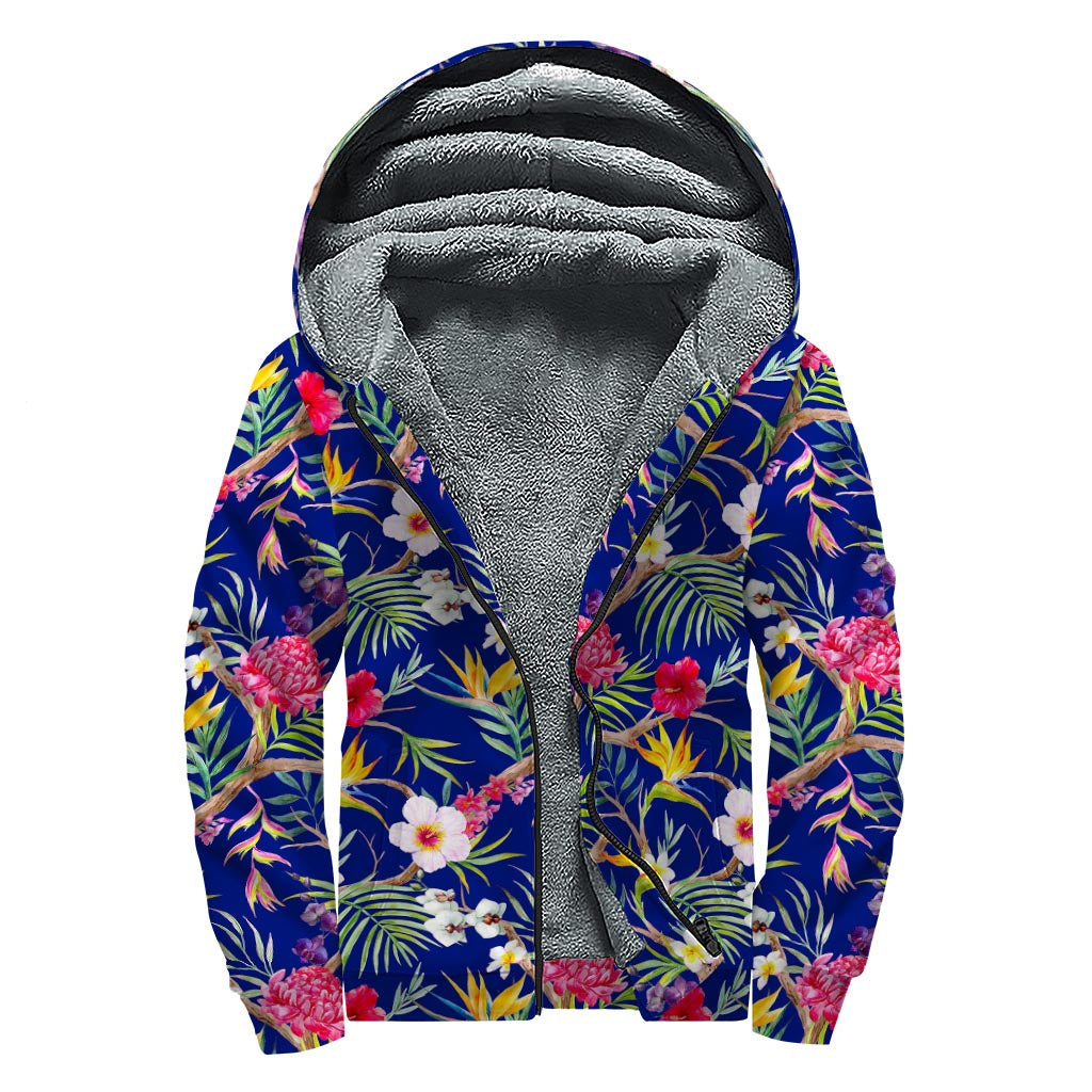 Watercolor Tropical Flower Pattern Sherpa Lined Zip Up Hoodie: A Hippie's Essential - 1