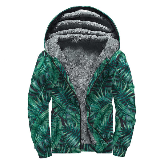 Watercolor Tropical Leaf Boho Sherpa Lined Zip Up Hoodie - 1