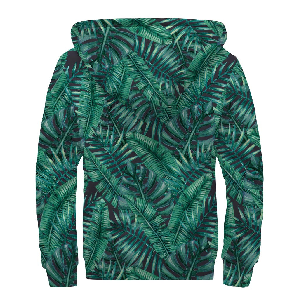 Watercolor Tropical Leaf Boho Sherpa Lined Zip Up Hoodie - 2