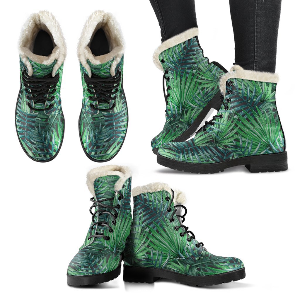Watercolor Tropical Leaves Print Faux Fur Leather Boots for Groovy Hippies - 2