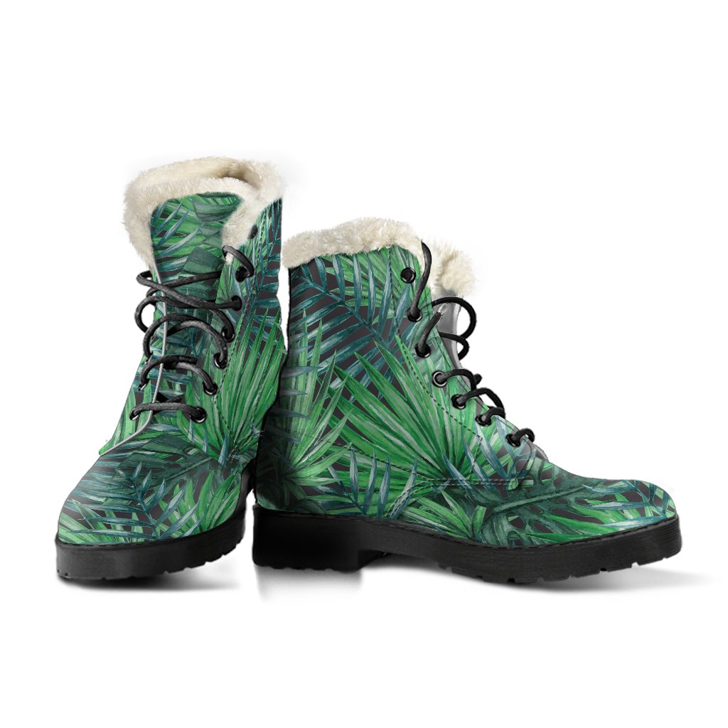 Watercolor Tropical Leaves Print Faux Fur Leather Boots for Groovy Hippies - 3