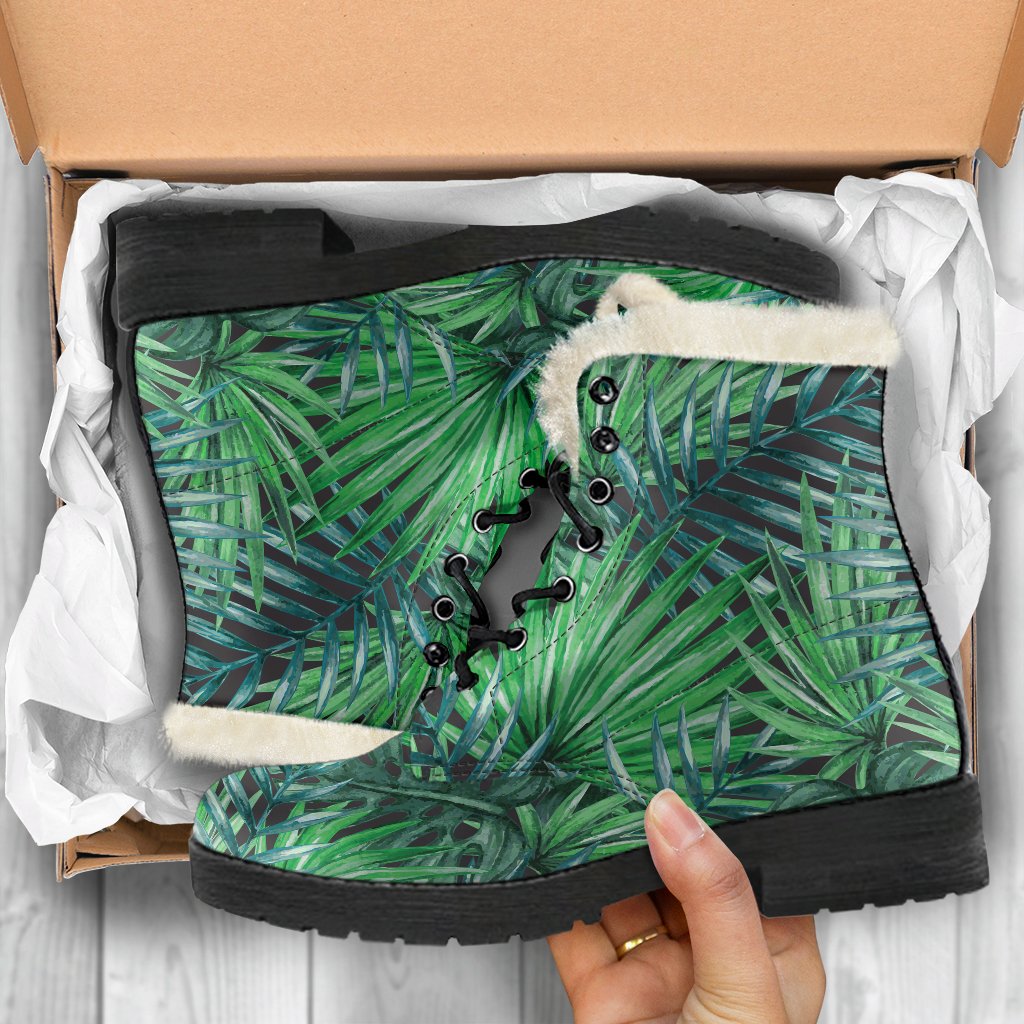 Watercolor Tropical Leaves Print Faux Fur Leather Boots for Groovy Hippies - 5