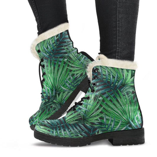 Watercolor Tropical Leaves Print Faux Fur Leather Boots for Groovy Hippies - 1