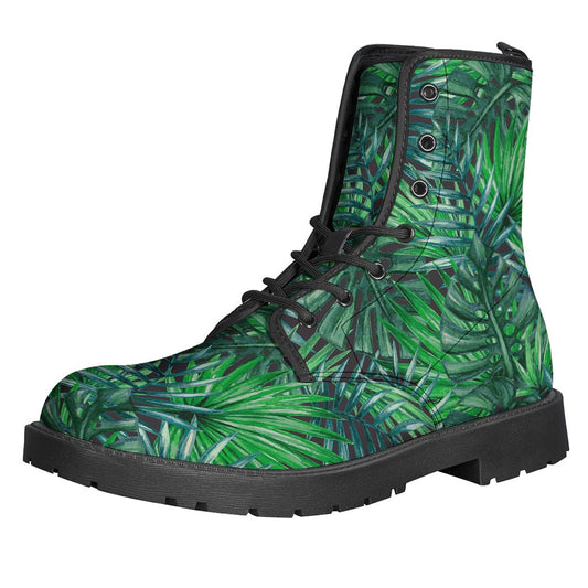 Watercolor Tropical Leaves Pattern Print Leather Boots for Free-Spirited Hippies - 1