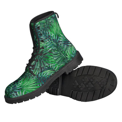 Watercolor Tropical Leaves Pattern Print Leather Boots for Free-Spirited Hippies - 2