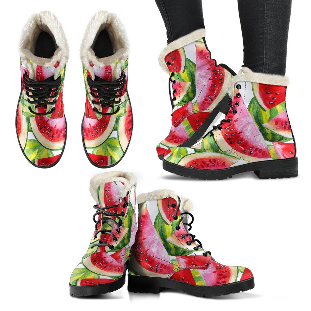 Watercolor Watermelon Pattern Faux Fur Leather Boots for Groovy Hippies - 2