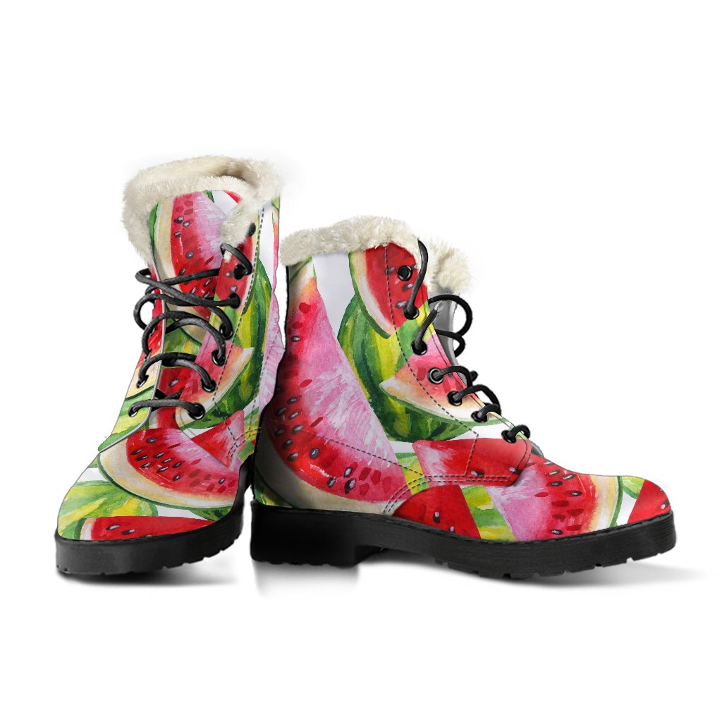 Watercolor Watermelon Pattern Faux Fur Leather Boots for Groovy Hippies - 3