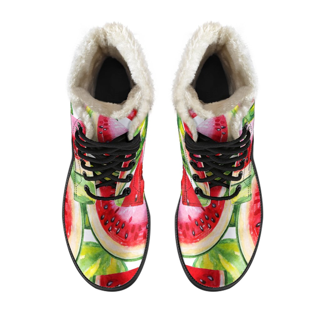 Watercolor Watermelon Pattern Faux Fur Leather Boots for Groovy Hippies - 4