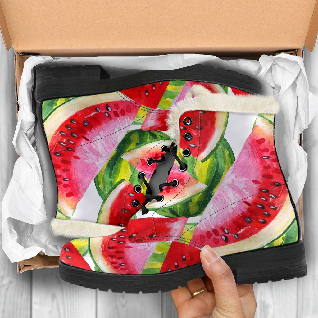 Watercolor Watermelon Pattern Faux Fur Leather Boots for Groovy Hippies - 5