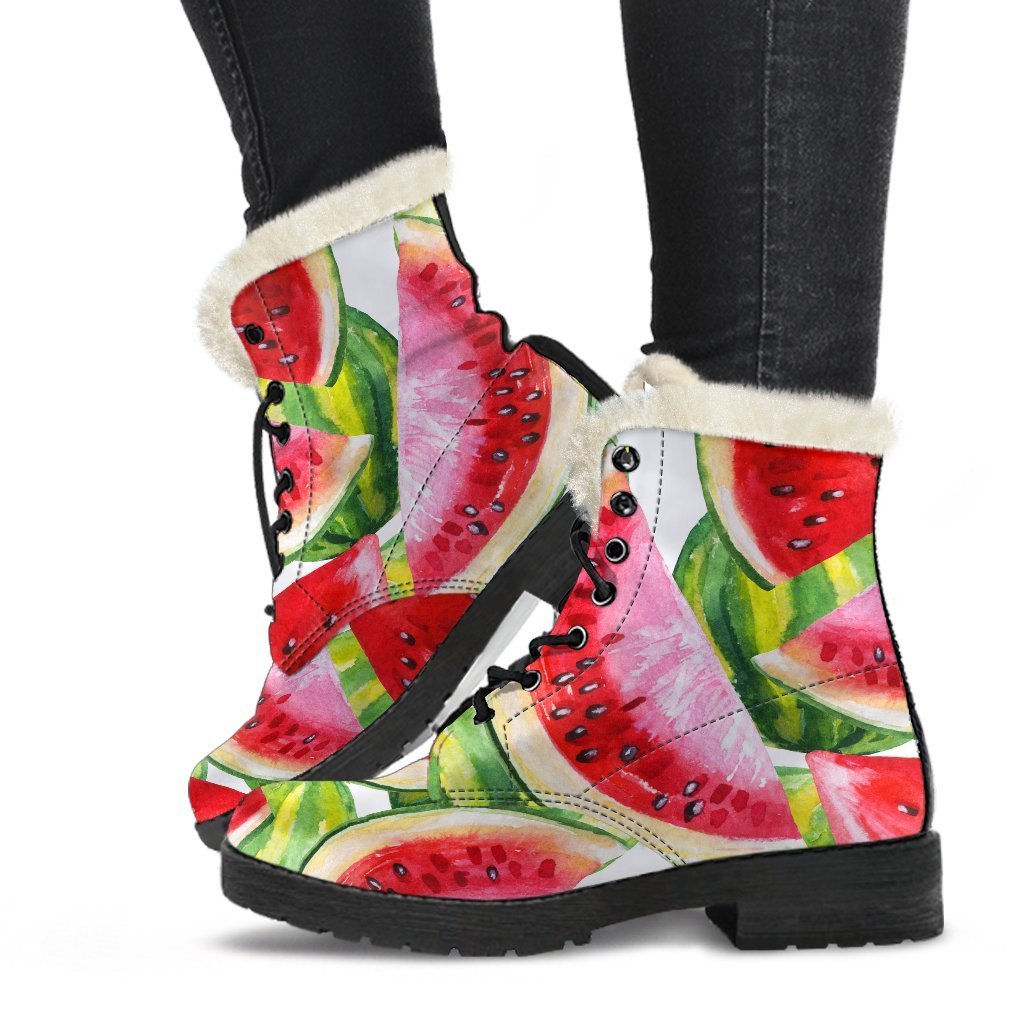 Watercolor Watermelon Pattern Faux Fur Leather Boots for Groovy Hippies - 1