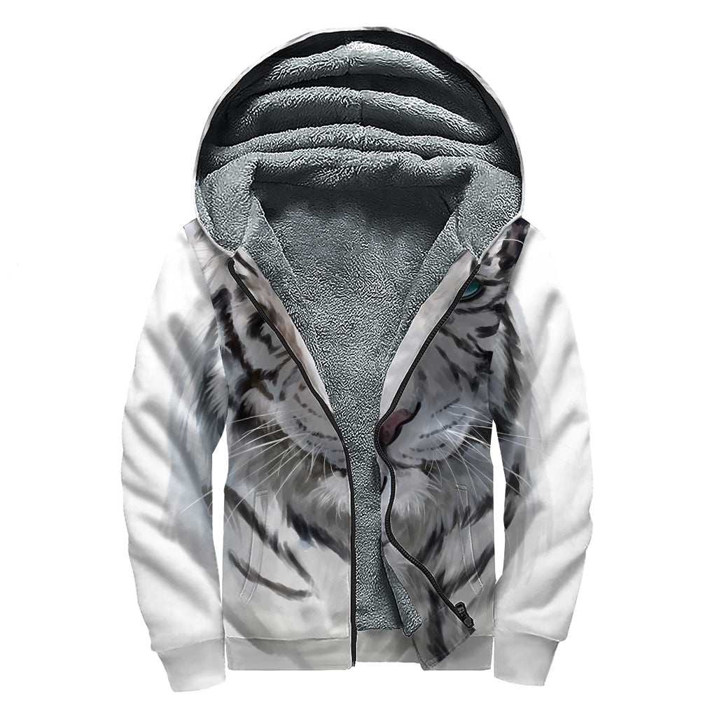 Watercolor White Bengal Tiger Print Sherpa-Lined Zip Up Hoodie: Embrace Your Inner Hippie Style - 1