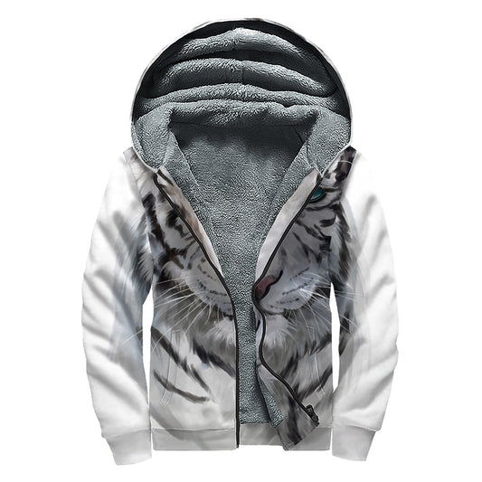 Watercolor White Bengal Tiger Print Sherpa-Lined Zip Up Hoodie: Embrace Your Inner Hippie Style - 1