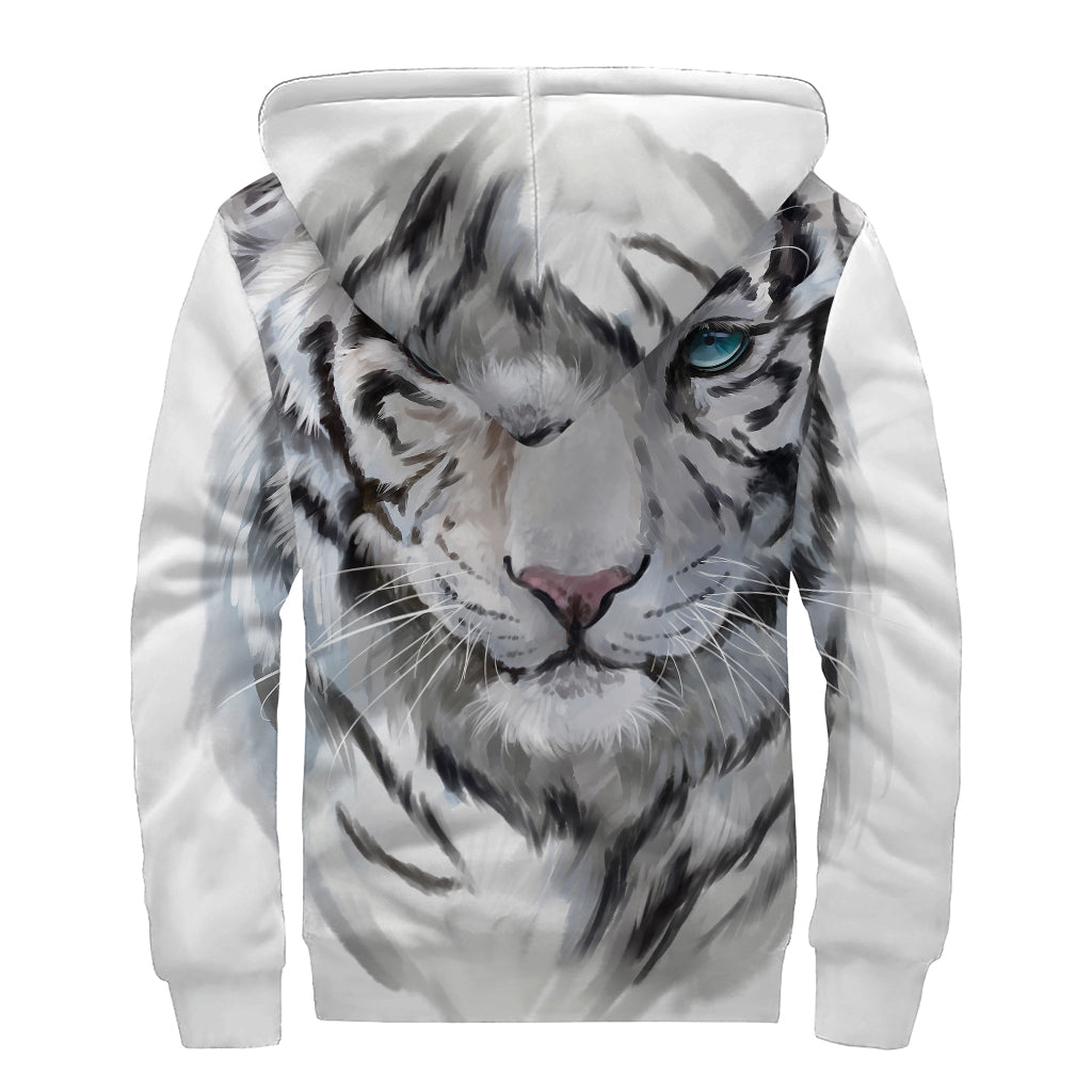 Watercolor White Bengal Tiger Print Sherpa-Lined Zip Up Hoodie: Embrace Your Inner Hippie Style - 2