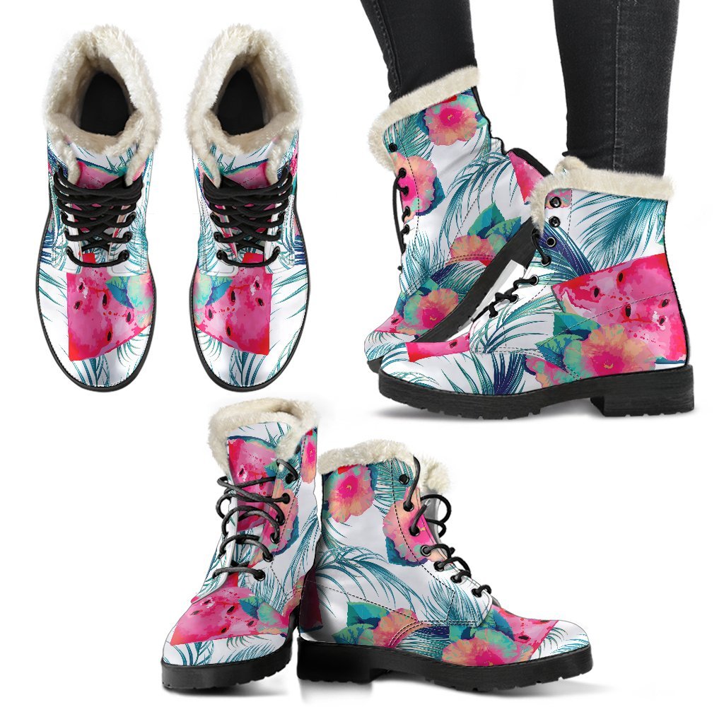 Watermelon Teal Hawaiian Pattern Faux Fur Leather Boots for Boho Babes - 2