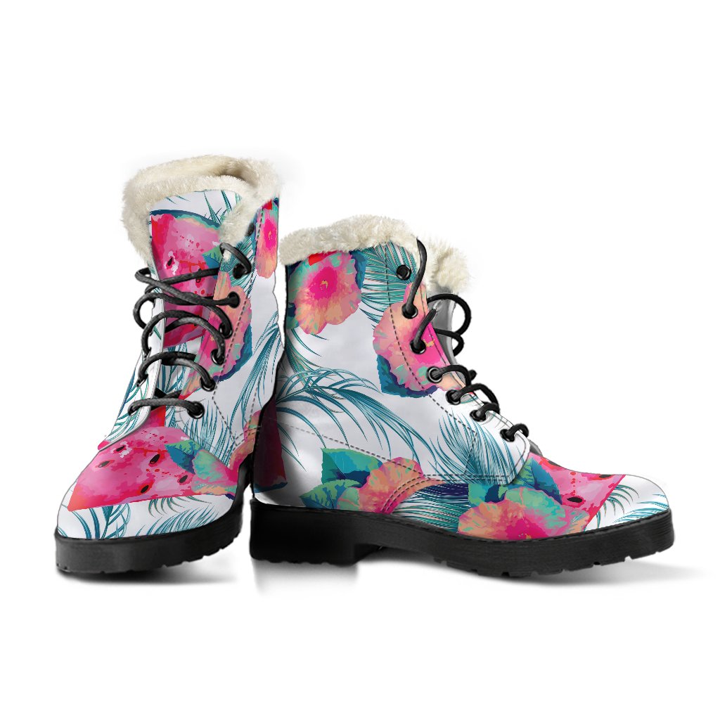 Watermelon Teal Hawaiian Pattern Faux Fur Leather Boots for Boho Babes - 3