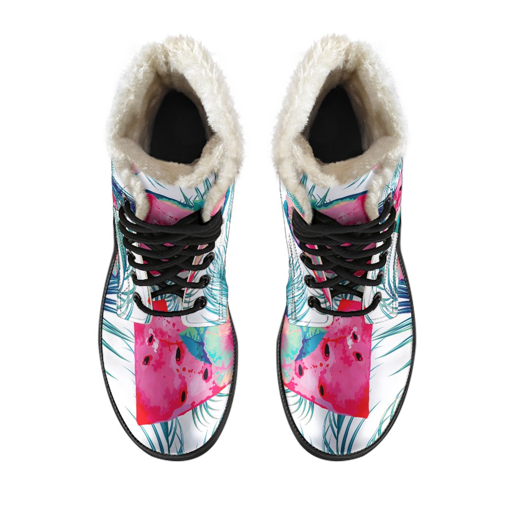 Watermelon Teal Hawaiian Pattern Faux Fur Leather Boots for Boho Babes - 4