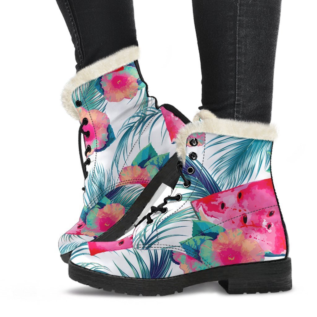 Watermelon Teal Hawaiian Pattern Faux Fur Leather Boots for Boho Babes - 1