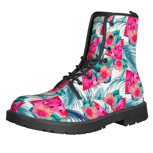 Watermelon Teal Hawaiian Pattern Leather Lightweight Boots for the Free-Spirited Hippie - 1