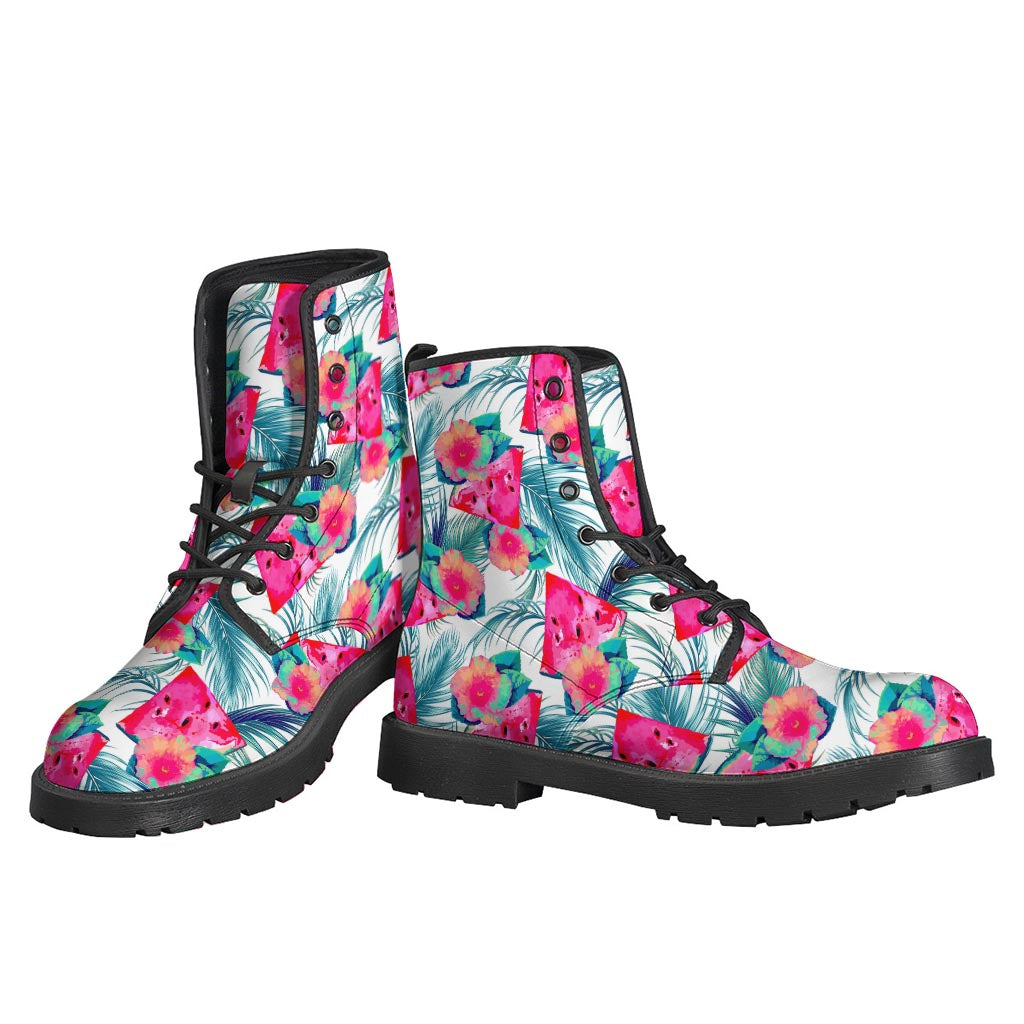 Watermelon Teal Hawaiian Pattern Leather Lightweight Boots for the Free-Spirited Hippie - 3