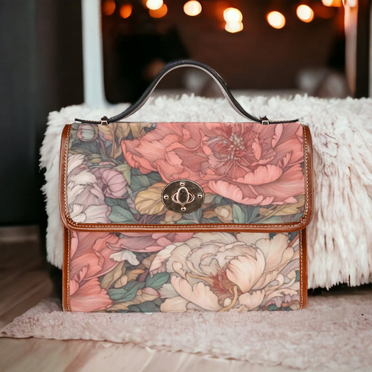 Emerald Blossoms - Cottagecore Boho Pink Coral Peony Floral Art Canvas Satchel Bag