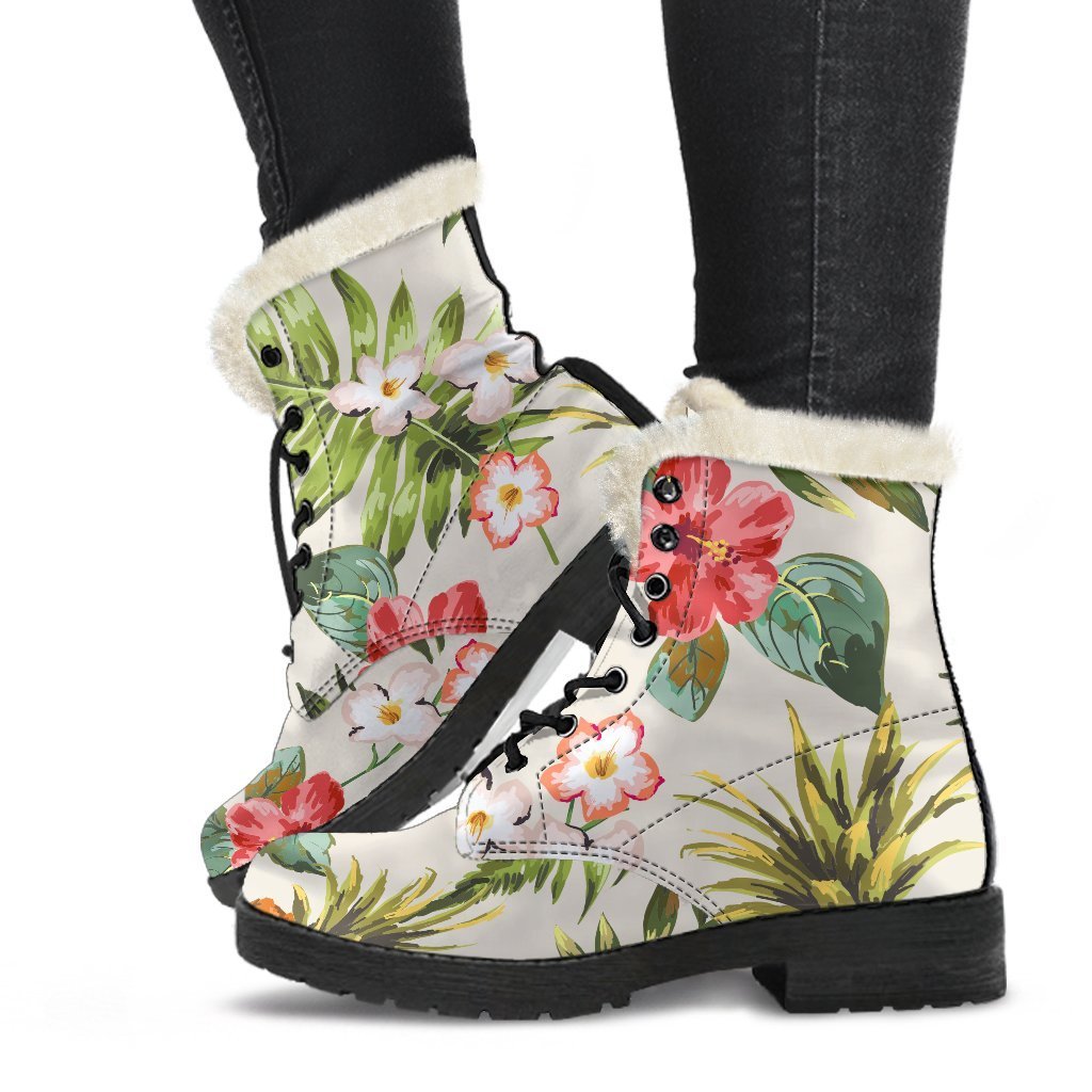 Boho Paradise: White Aloha Pineapple Faux Fur Leather Boots - 1